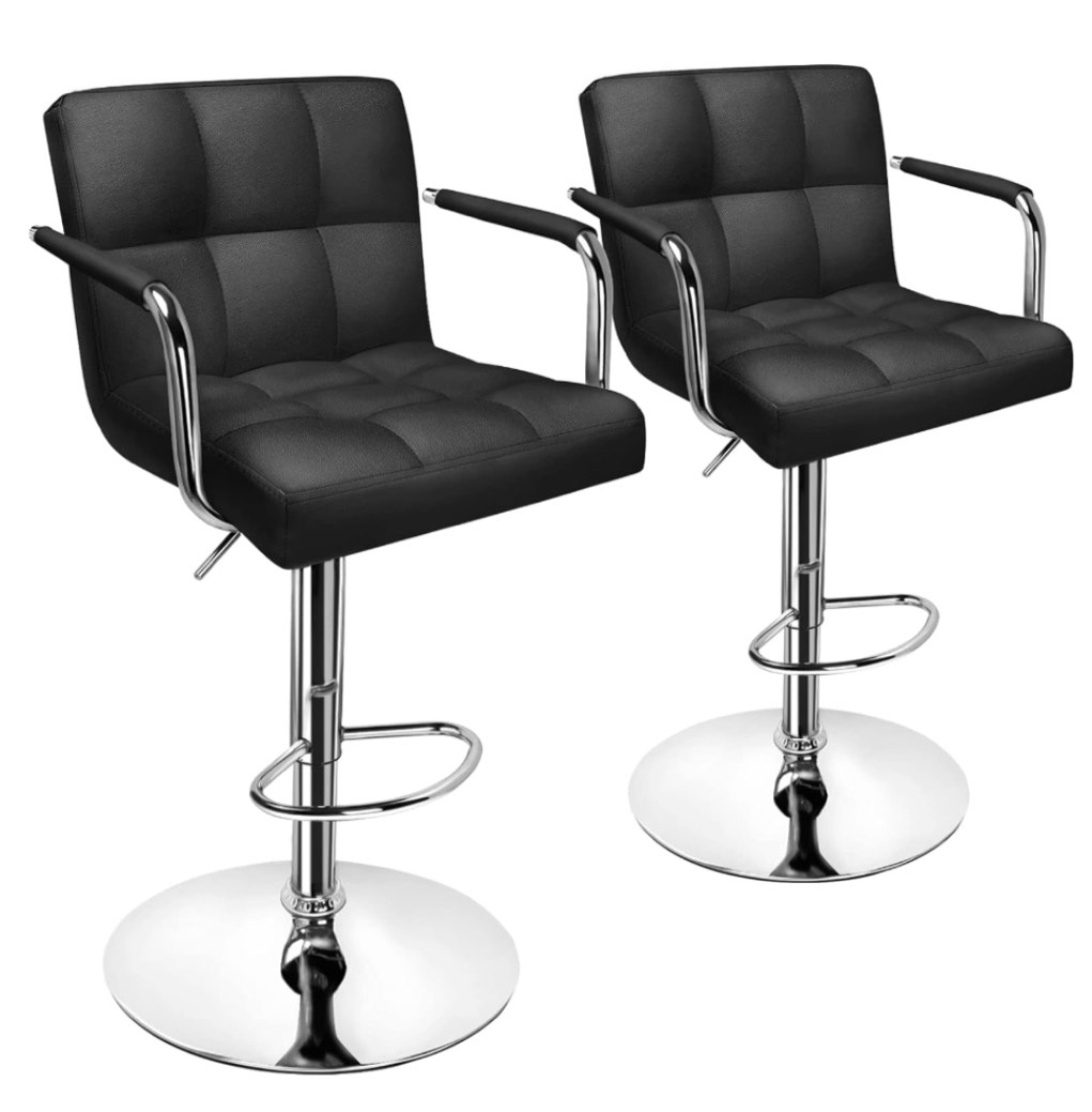 Leopard Adjustable Bar Stools with Armrest, Square Back Swivel Double Stitching with Back Bar Stool, Set of 2 (Black)