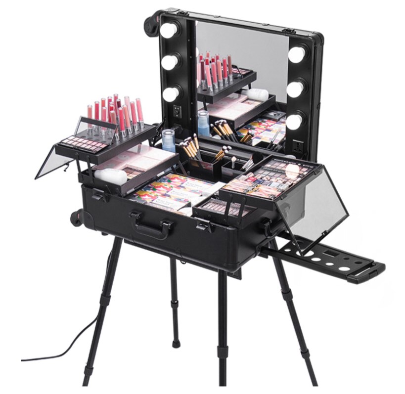 VEVOR Rolling Makeup Case 28"x21"x54" with LED Light Mirror Adjustable Legs Lockable Train Table Studio Artist Cosmetic