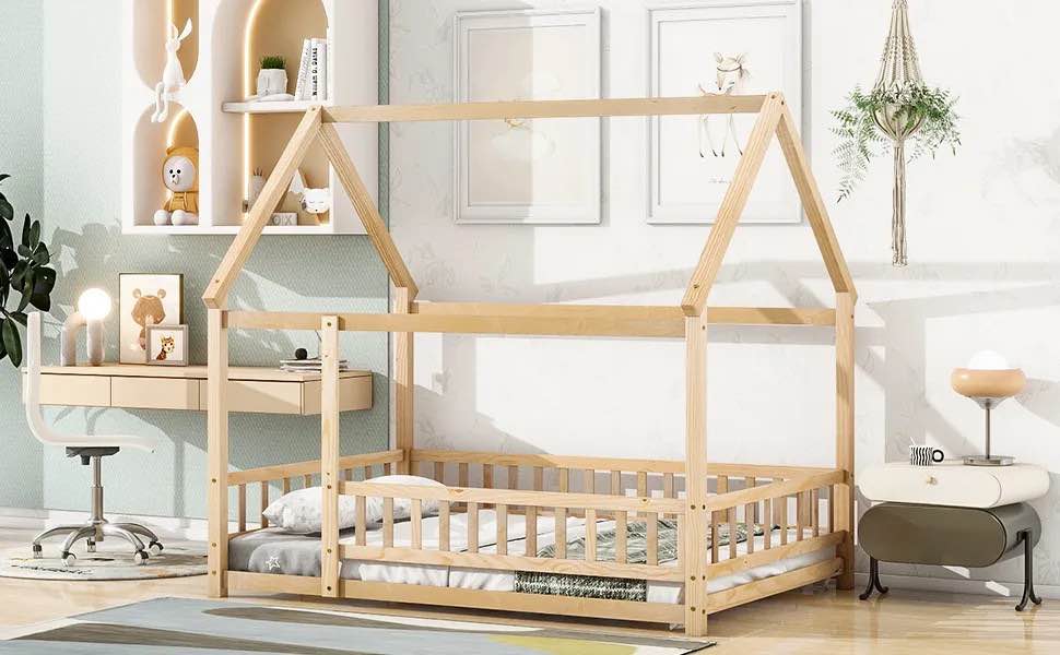 Full Size Floor Wooden Bed with House Roof Frame, Fence Guardrails, Natural