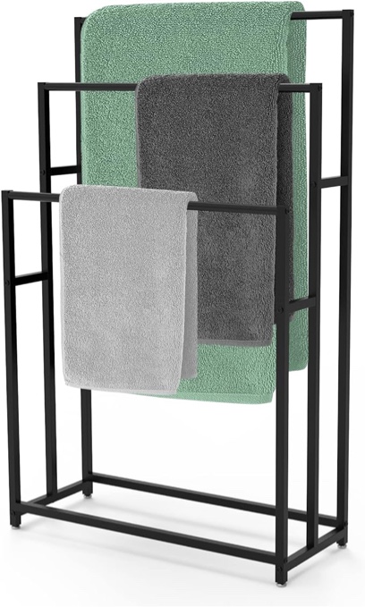 FoverOne 45" Tall Freestanding Towel Rack, 3 Tier Floor Standing Towel Holder Blankets Rack, Oversized Bath Towels Drying Rack for Bedroom Bathroom or Pool - Black
