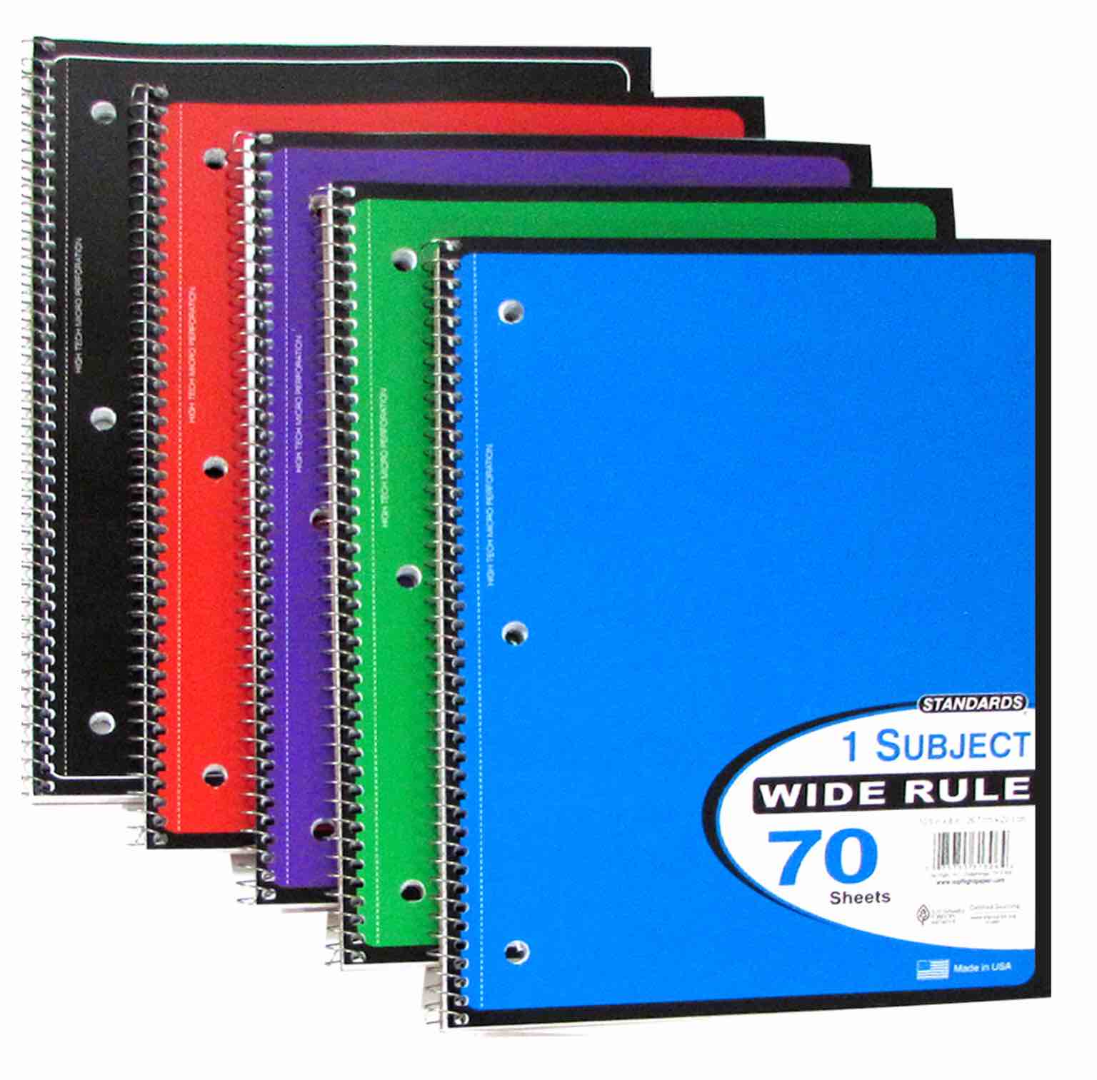 1 Subject Wide Ruled Solid Spiral Notebook (Colors May Vary) 5-Pack