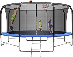 Goohome 14ft Trampoline with Safety Enclosure, Pumpkin Shaped Recreational Trampolines with Basketball Hoop and Ladder, Heavy-Duty Trampoline, Outdoor Trampoline for Kids Family Happy Time