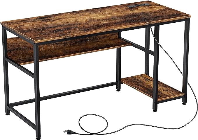 Computer Desk 55” with Power Outlet & Storage Shelves, Home Office PC Desk with USB Ports Charging Station, Writing Study Desktop Table with Stable Metal Frame, Rustic Brown