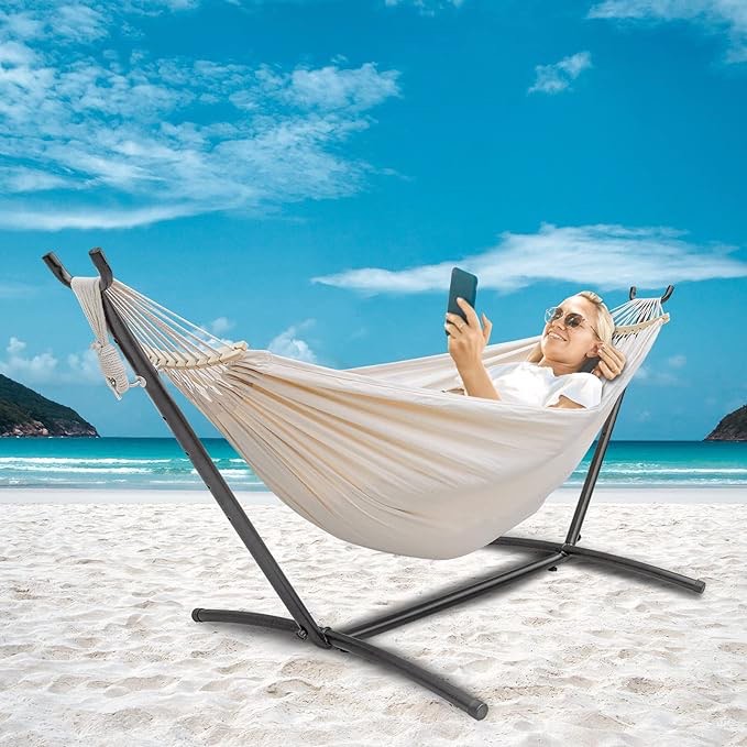 SZHLUX Double Hammock with Stand Included 450lb Capacity Steel Stand, Premium Carry Bag Included.Indoor Outdoor Brazilian-Style Cotton Bed for Backyard, Camping,Garden
