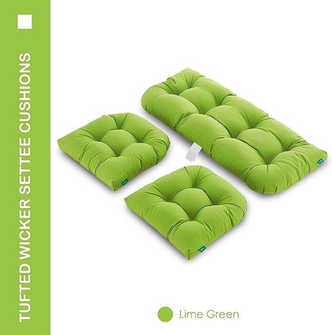 YOOZEKU Outdoor/Indoor All Weather Tufted Wicker Chair Cushions of 3 Pieces, 1 Loveseat and 2 U-Shape Waterproof Cushions for Patio Furniture,Wicker Loveseat,Bench-Lime Green