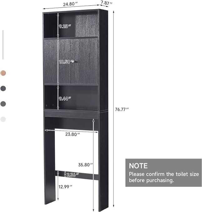 Hcman Over The Toilet Storage Cabinet - 77" H Over Toilet Bathroom Cabinet Organizer with Open Shelves and Double Doors, Black