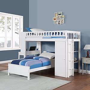 BIADNBZ Twin Size Loft Bed with Desk, Closet, Storage Shelves and Extra Bottom Platform Bedframe, L-Shaped Bunkbeds for Kids Teens Bedroom, Twin-Over-Twin, White