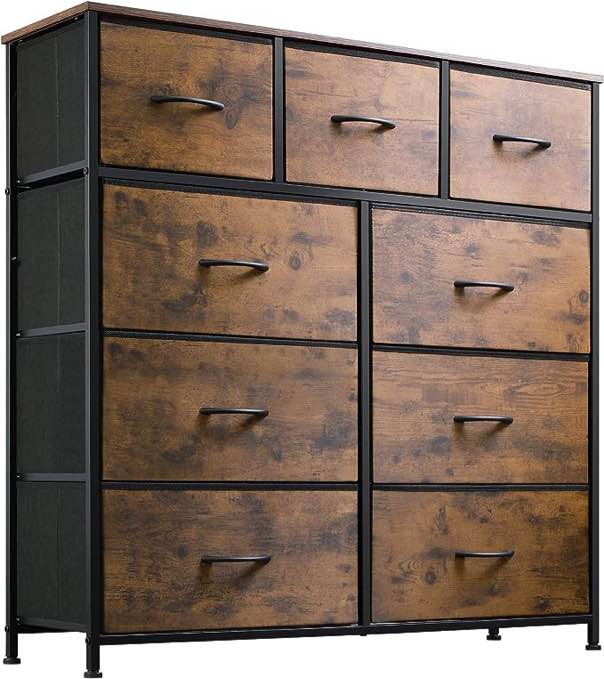 WLIVE 9-Drawer Dresser, Fabric Storage Tower for Bedroom, Hallway, Nursery, Closet, Tall Chest Organizer Unit with Fabric Bins, Steel Frame, Wood Top, Easy Pull Handle, Rustic Brown Wood Grain Print