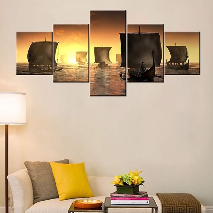 Wall Pictures for Living Room Vikings Battle Ships Paintings Multi Panels Canvas Wall Art Sunset Pirate Boat Artwork Home Modern Decor Wooden Framed Ready to Hang Poster and Prints(50''W x 24''H)