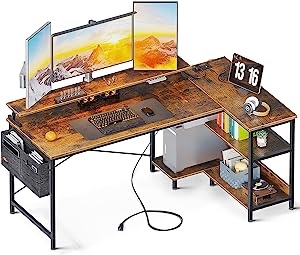 ODK 63 Inch Computer Desk with USB Charging Port & Power Outlet, L-Shaped Corner Desk with Storage Shelves & Monitor Shelf for Home Office Workstation, Modern Writing Table, Vintage