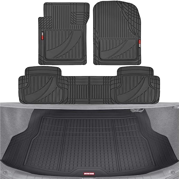 Motor Trend FlexTough Advanced Black Rubber Car Floor Mats with Cargo Liner Full Set - Front & Rear Combo Trim to Fit Floor Mats for Cars Van SUV, All Weather Automotive Floor Liners