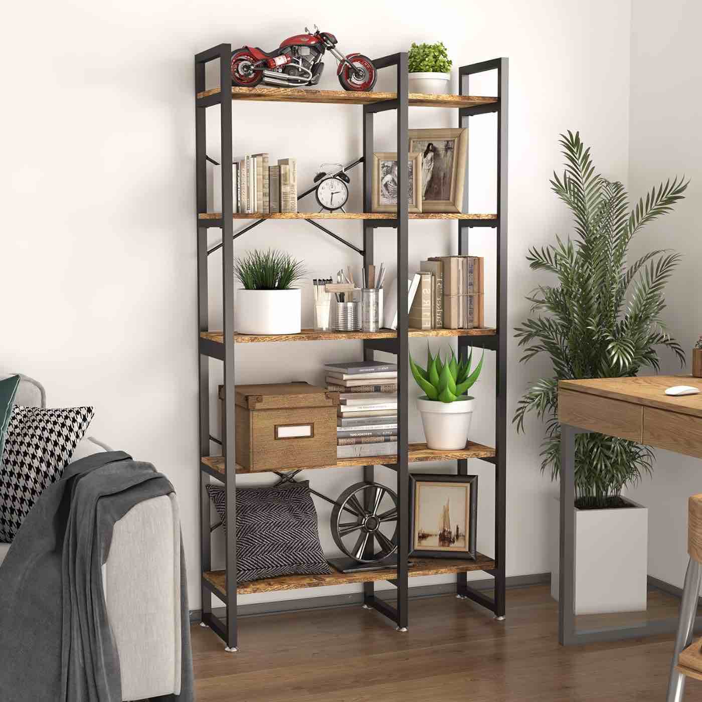 Easyzon 5 Tier Bookshelf and Bookcase, Rustic Industrial Bookshelf, Large Etagere Bookshelf Open Display Shleves with Metal Frame for Living Room Bedroom Home Office