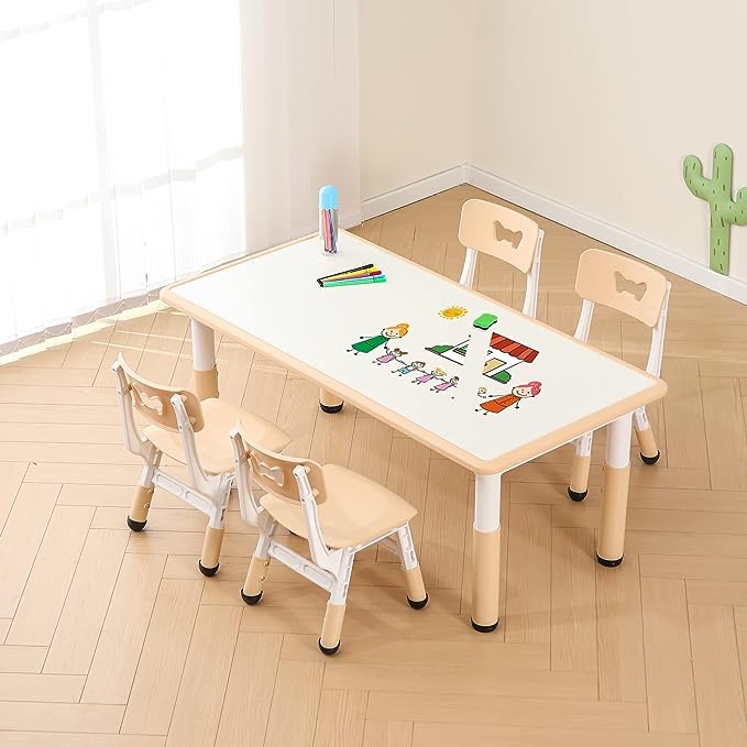 Kids Art Table and Chair Set with 4 Seats Height Adjustable Children Study Table Kid Activity Table Easy to Clean Assemble Max Load 330lb Plastic Toddler Table and Chair Set for School Home Green