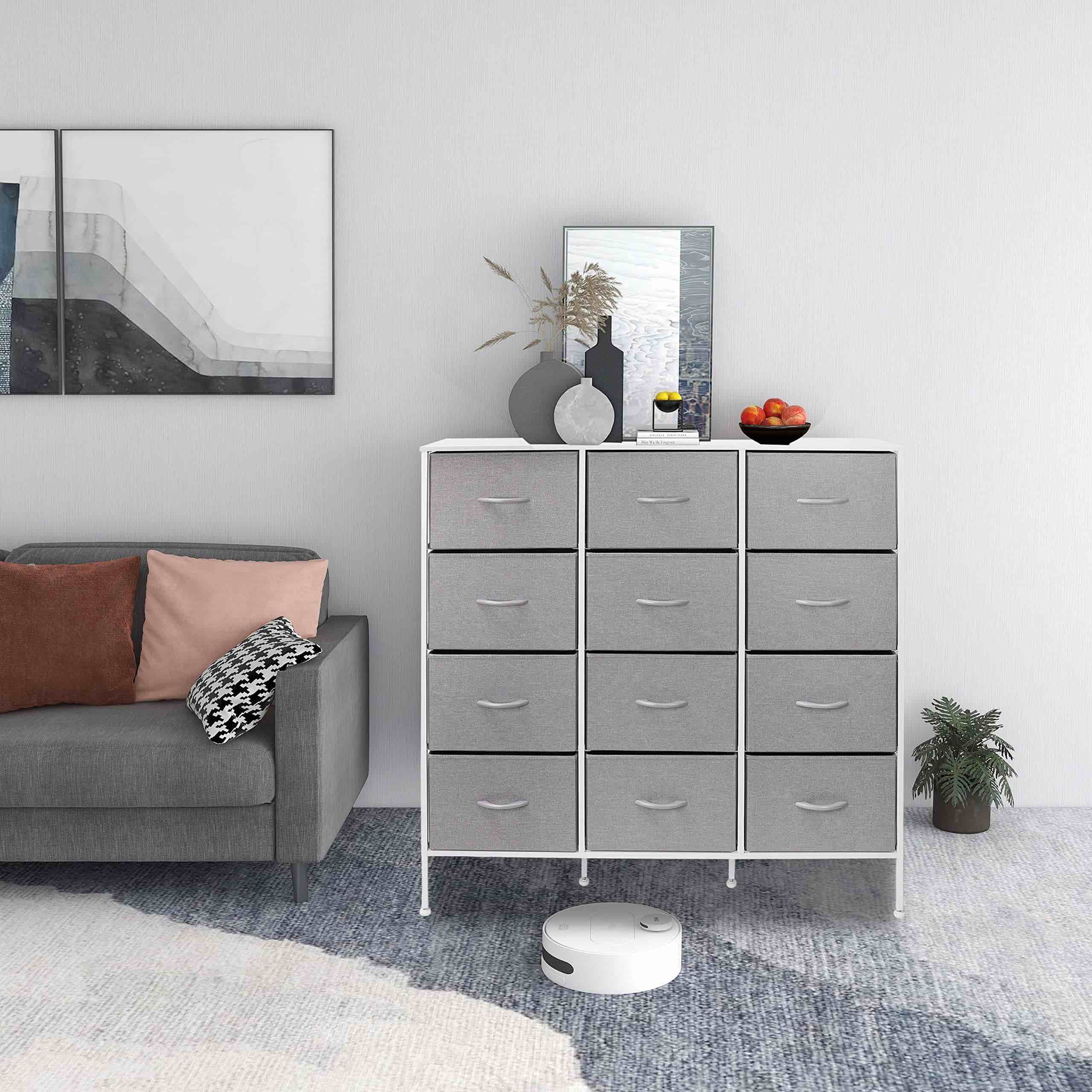 HOMOKUS Drawers Dresser with Large Capacity -Tall Fabric Storage Tower Fabric Dresser Organizer Unit for Bedroom, Living Room, Wooden Top & Handles, Easy Pull Fabric Bins - 12 Drawers (Grey)