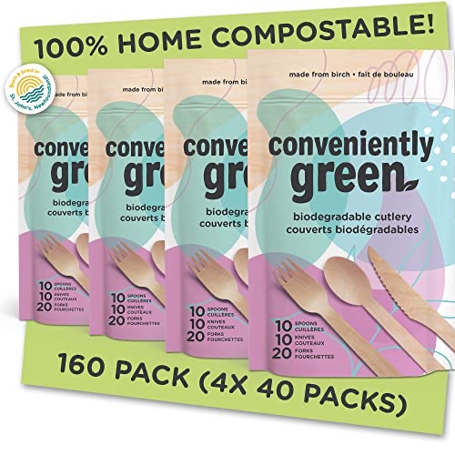conveniently green 100% HOME Compostable Disposable Wooden Cutlery + Packaging 4 pack 