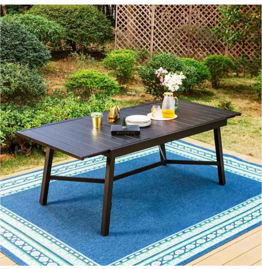 Black Rectangle Metal Patio Outdoor Dining Table with Extension
