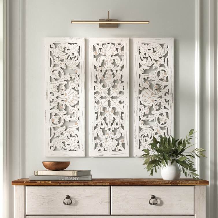3 Piece White Wood Handmade Intricately Carved Floral Wall Decor Set