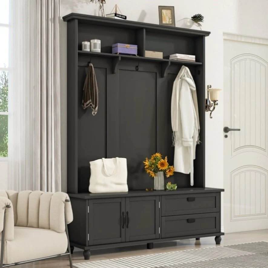 ZNTS ON-TREND Modern Style Hall Tree with Storage Cabinet and 2 Large Drawers, Widen Mudroom Bench with 5 WF306450AAB