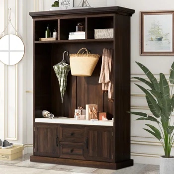 Mavino 47"W Hall Tree with 3 Metal Double Hooks, Multiple Entryway Bench with 3 Open Storage Shelves INCOMPLETE ( box 1 ‘ ) 