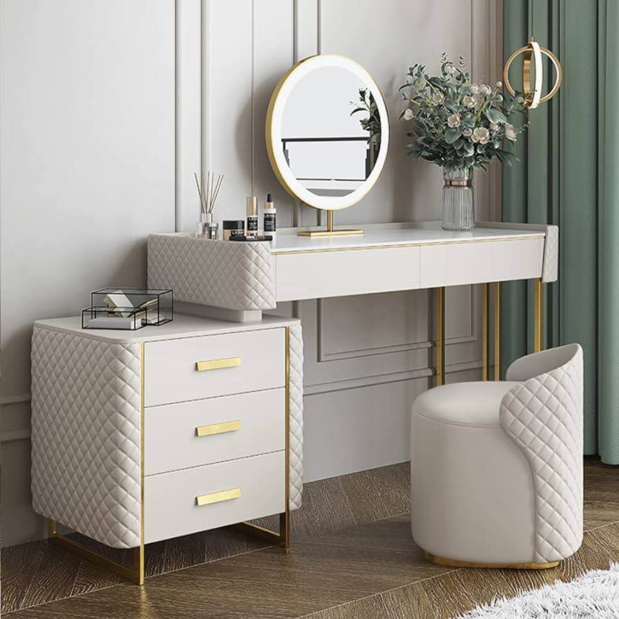 39.5",luxury Sintered Stone Makeup Vanity Dressing Table With Led Lighted Mirror,side Cabinet And 4 Drawers With Stool,white INCOMPLETE ( box 1 )