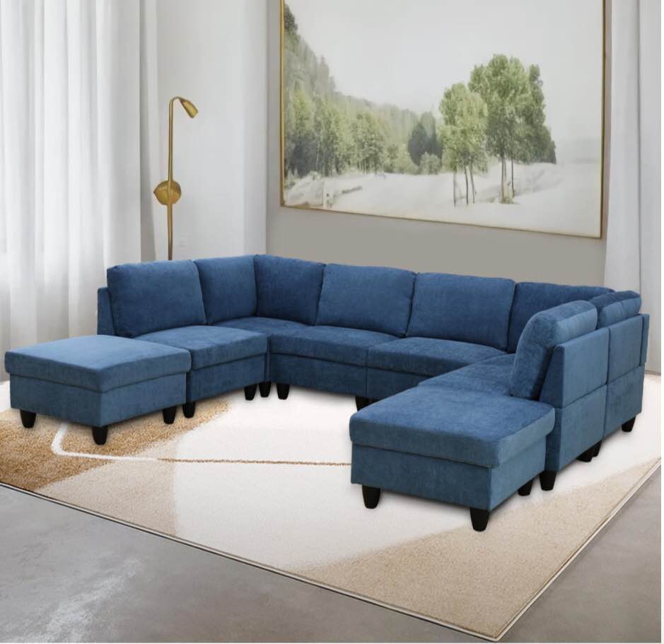 Modular Sectional Sofa Set, U Shape Sectional Couch with Ottoman, Blue Flennelette Convertible Sofa Set for Living Room/Apartment/Office (incomplete) left wedge and ottoman only 2 boxes