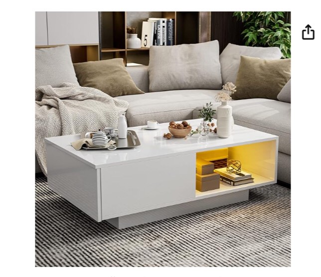 IKIFLY Modern High Gloss Coffee Table with 16 Colors LED Light, LED Cocktail Coffee Table, Rectangle Glossy End Table with Drawer for Home Living Room Office Furniture (White)