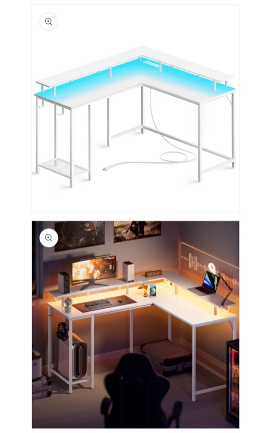 SUPERJARE L Shaped Computer Desk with Power Outlets & LED Lights, Gaming Desk with Monitor Stand & Storage Shelf, Hooks, White