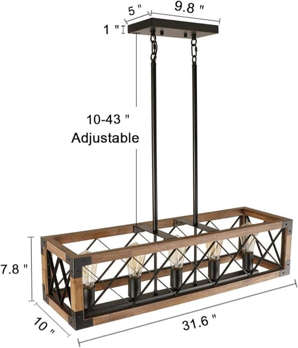 Rectangle Wood Chandelier Kitchen Lighting Fixtures,5 Lights Ceiling Hanging Pendant Lighting Farmhouse