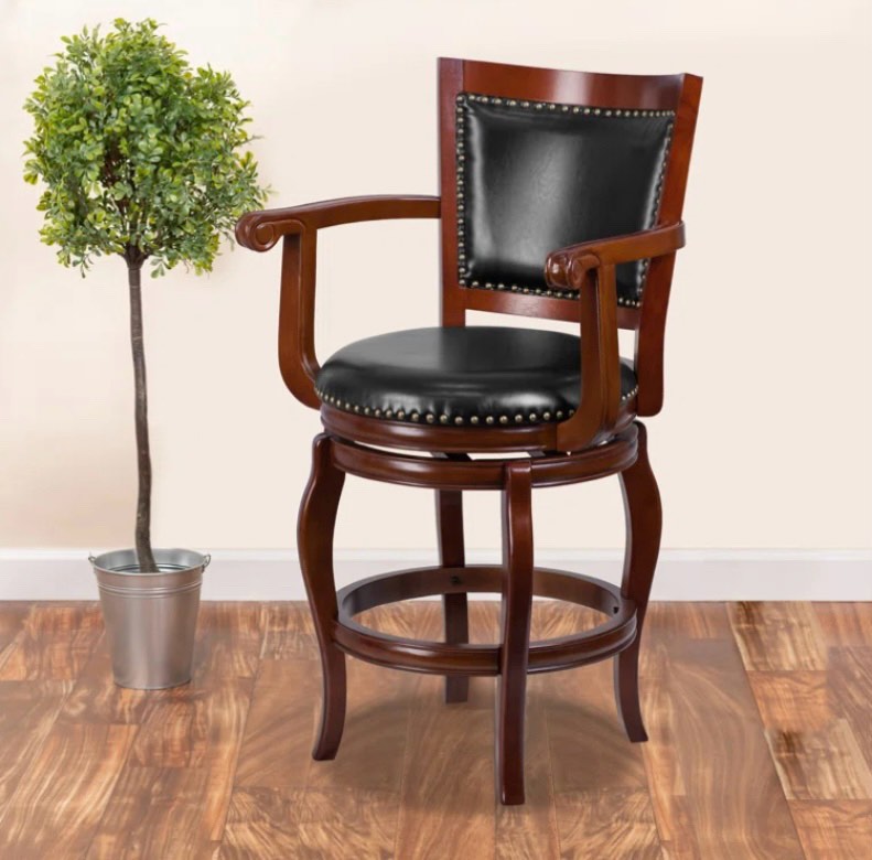 Tracey 26" High Cherry Wood Stool w/Arms, Panel Back &LeatherSoft Swivel Seat