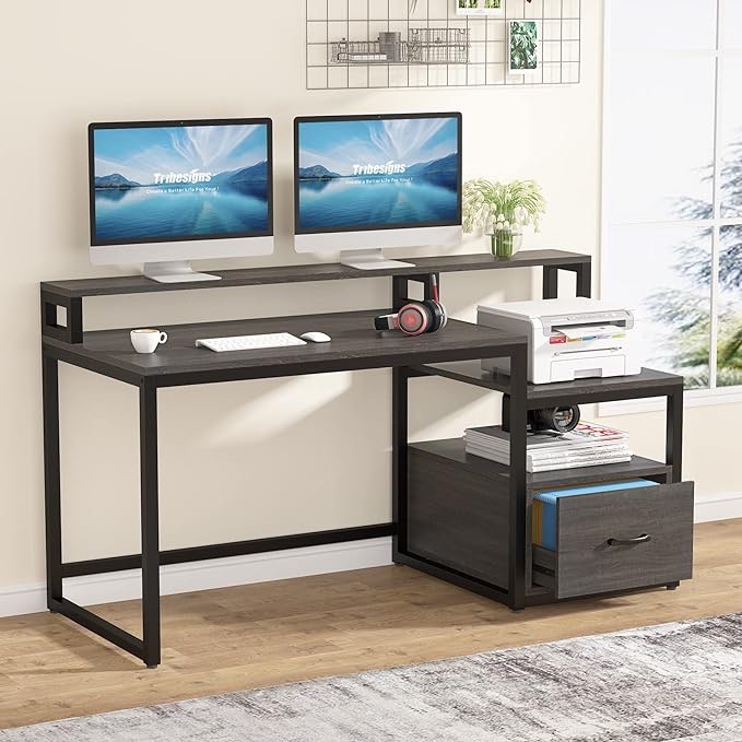 Tribesigns Computer Desk with File Drawer and Storage Shelves, 60 inch Vintage Large Home Office Desk Computer Table Study Writing Desk Workstation with Hutch (Grey)