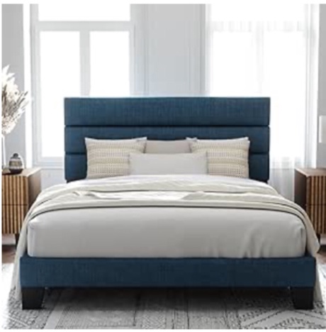 Allewie Queen Size Platform Bed Frame with Fabric Upholstered Headboard and Wooden Slats Support, Fully Upholstered Mattress Foundation/No Box Spring Needed/Easy Assembly, Navy Blue