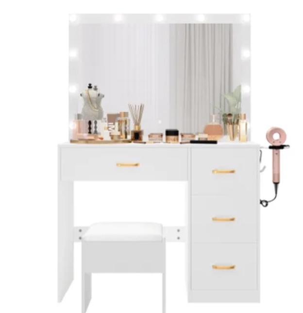 35.4" Mirror Makeup Vanity Table with Stool and Light Bulb - 35.4''L x 15.7''W x 53.5''H