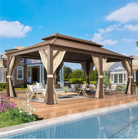 EROMMY 12'x20' Hardtop Gazebo Double Roof Galvanized Steel Canopy Outdoor Aluminum Frame Permanent Metal Pavilion with Netting and Curtains for Patio Backyard Deck and Lawns