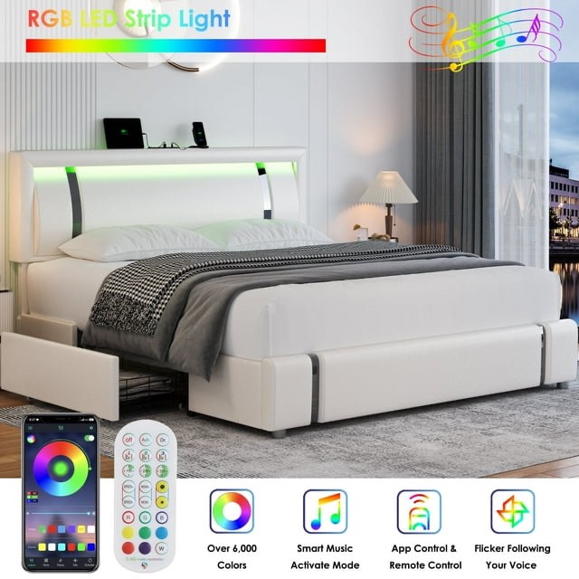  Homfa King Size LED Bed Frame with 2 Storage Drawers, Modern Leather Upholstered Platform Bed Frame with Adjustable Headboard, White