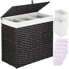125L Large Laundry Hamper 3 Sections with Removable Liner Bag, Handwoven Foldable Laundry Basket with Lid, Divided Dirty Clothes Hamper with Handles, Tall Laundry Sorter for Nursery, Bathroom(Black)