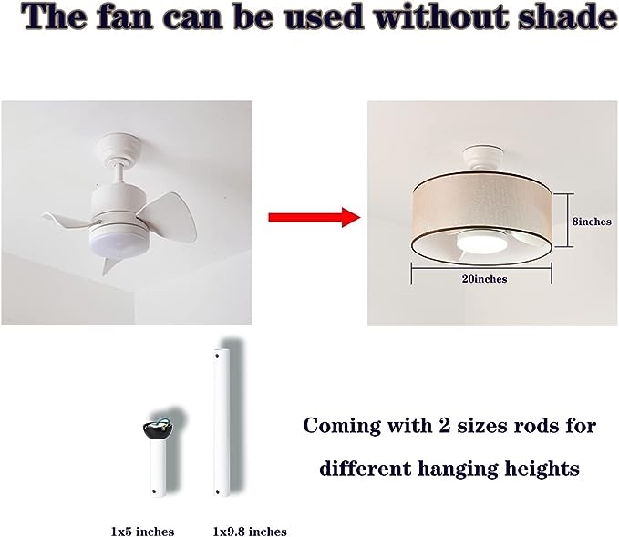 Eamonex LED 20â€? Smart Linen Fabric Drum Dimmable Ceiling Fan with Light and Remote,Low Profile Round Lamp Lighting,Small Circle Semi Flush Mount Fandelier Fixture For Indoor Bedroom Dining Kitchen