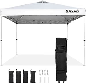 VEVOR Pop Up Canopy Tent, 10 x 10 ft, 250 D PU Silver Coated Tarp, with Portable Roller Bag and 4 Sandbags, Waterproof and Sun Shelter Gazebo for Outdoor Party, Camping, Commercial Events, White