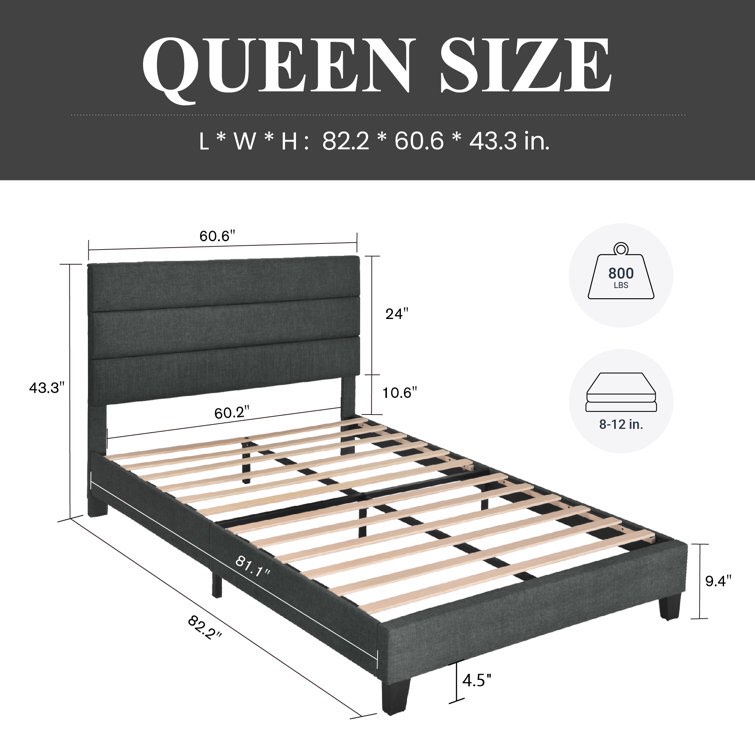 Gray Elison Platform Bed with Fabric Upholstered Headboard and Wooden Slats