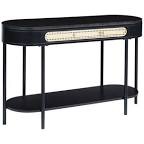 long oval  shaped  Table with black bars on both sides one shelf Picture a little similar to table