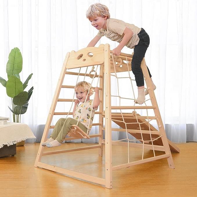 Ogelo Triangle Climber with Ramp, Montessori Foldable Wooden Indoor Playground, 3 in 1 Slide & Rock Wall Nature Wood Climbing Toys for Toddlers & Kids Jungle Gym