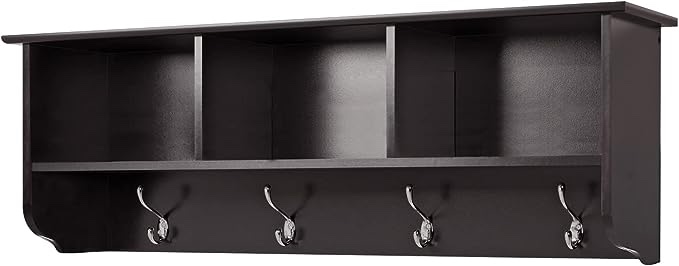 Wonder Comfort Hanging Entryway Shelf, Wall-Mounted Coat Rack with 4 Hooks and 3 Storage Cubbies for Bathroom Living Room Kitchen, Espresso Color