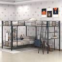 Merax Metal L-Shaped Twin Over Twin Bunk Bed with a Twin-Size Loft Bed Attached, Triple Bunk Bed with Desk and Shelf for Teens, Adults, Black and Brown Wood (incomplete, box 2 of 2 only)