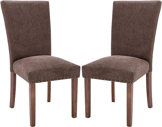 COLAMY Upholstered Parsons Dining Chairs Set of 2, Fabric Dining Room Kitchen Side Chair with Nailhead Trim and Wood Legs - Brown