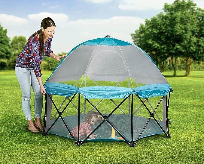 Regalo My Play Deluxe Extra Large Portable Play Yard Indoor and Outdoor, Bonus Kit, Includes Carry Case and Full Canopy, Washable, Teal, 8-Panel