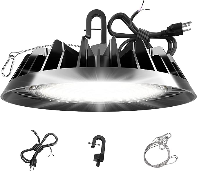 JC-LGL UFO LED High Bay Light Super Bright 150W 24,000LM (160LM/W) 1-10V Dimmable, 5' Cable with Plug, Hanging Hook, Safe Rope, ETL Listed High Bay LED Light for Factory Warehouse Workshop