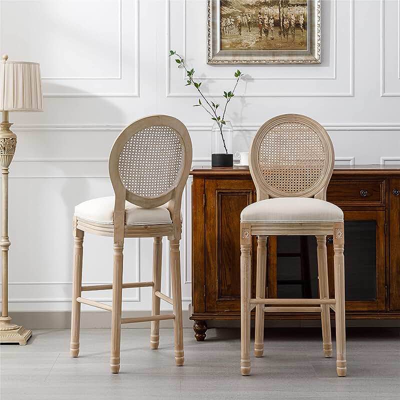 HomSof French Country Wooden Barstools with Rattan Back for Kitchen Counter Tall Bar Height Chairs Set of 2
