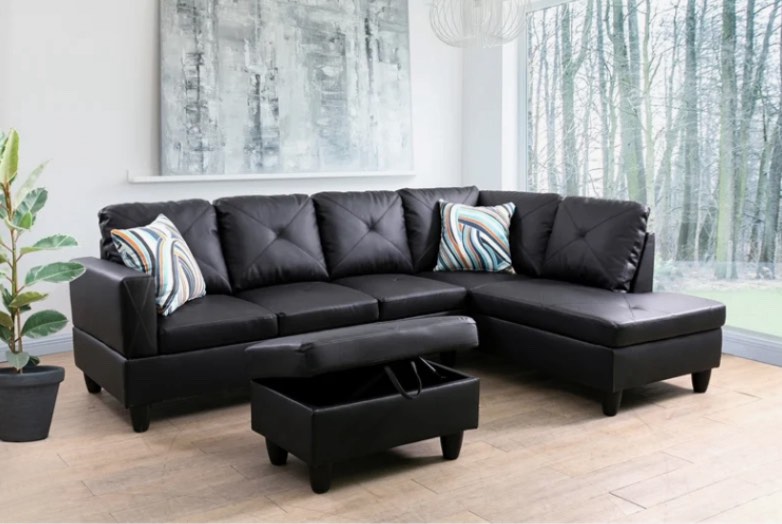 Starhome L Shaped Black Couch with Ottoman(Pillows Included) Microfiber ( Incomplete Right Arm Chaise Only ) 