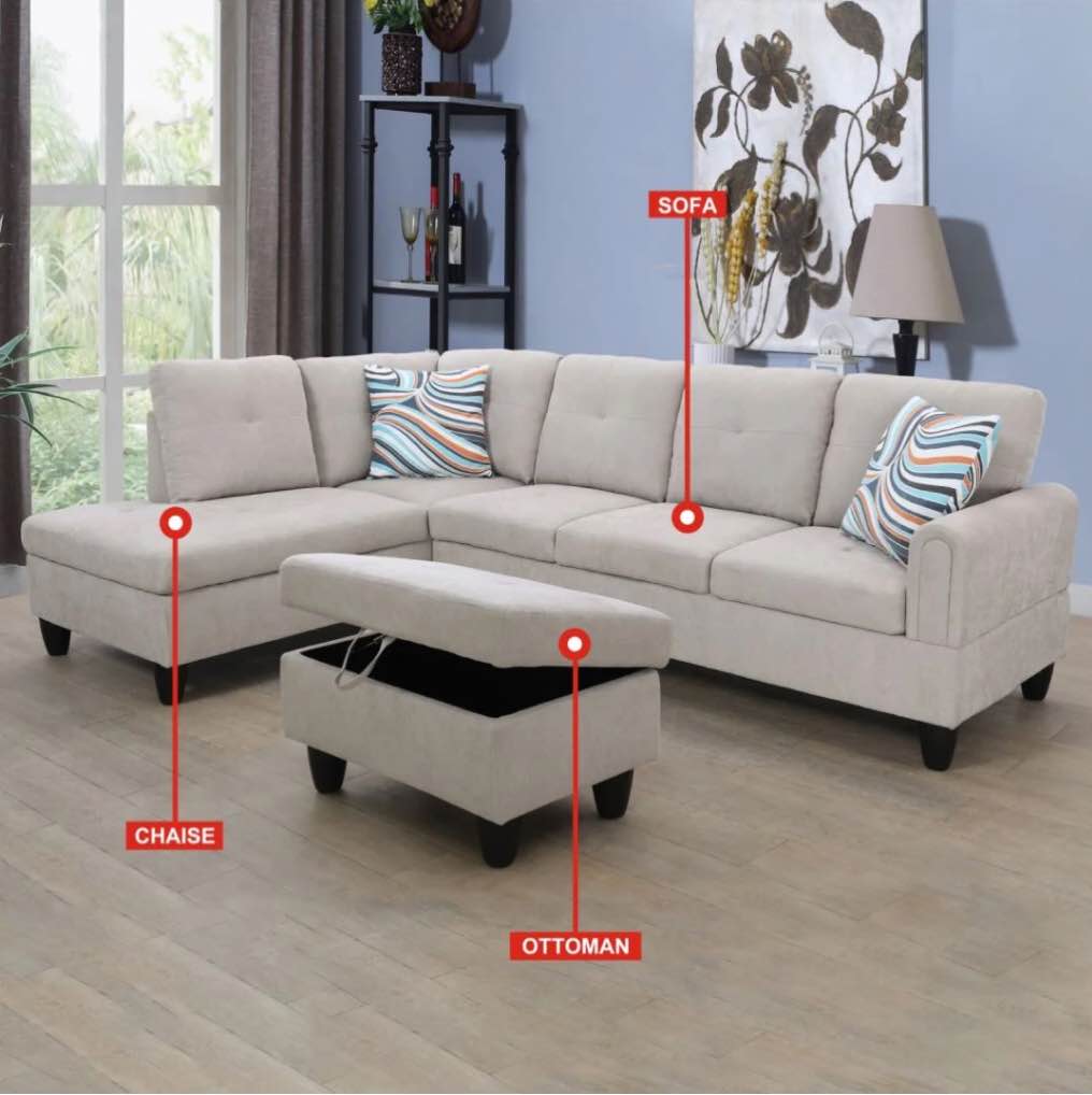 Grey White Flannel Living Room Sofa (Incomplete  Left Arm Chaise Only ) 
