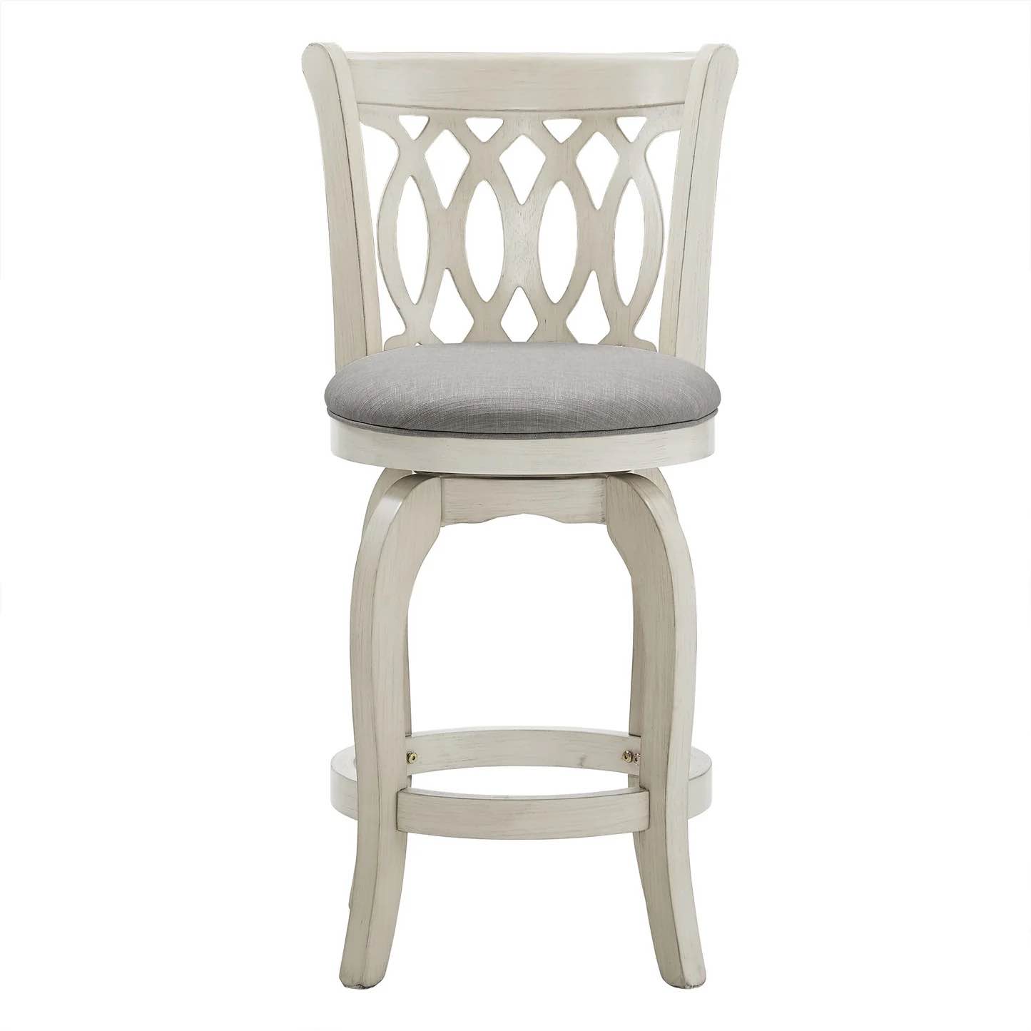 Scroll Back Swivel Stool - 24" Counter Height, Antique White Finish, Grey Linen