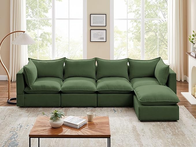 VANOMi Modular Sectional Sofa, Convertible L Shaped Couch with Chaise, 5 Seater Sofa with Reversible Chaise (green, L Shape) ( Incomplete)